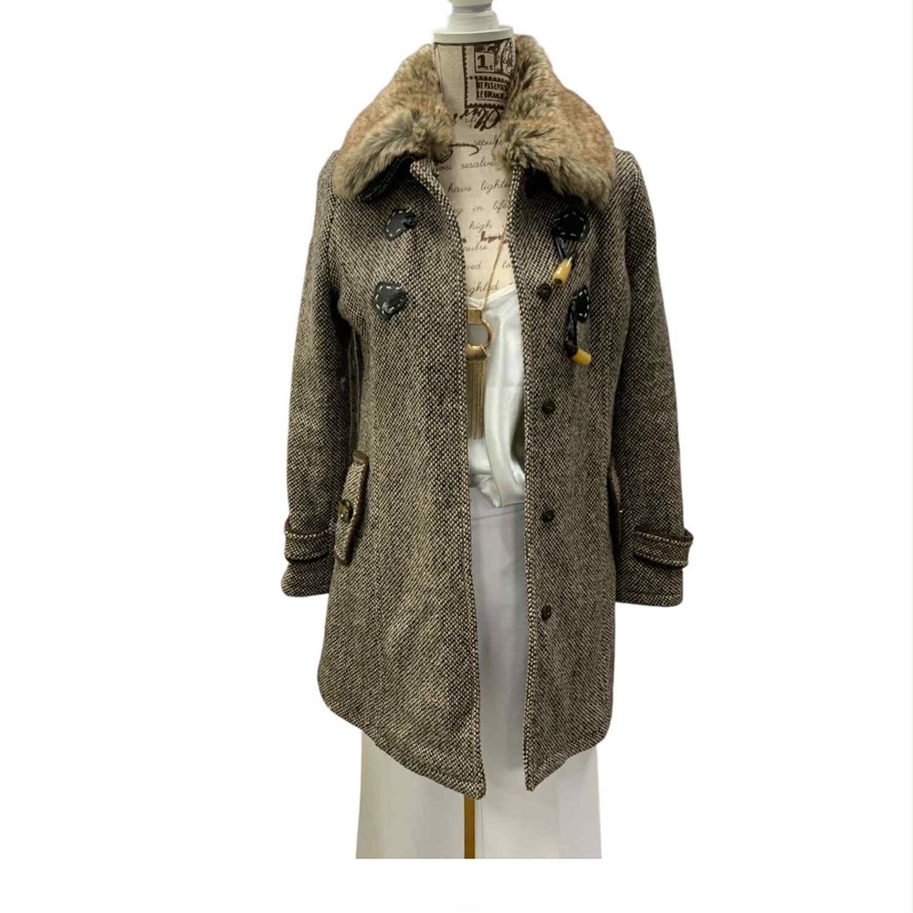 Elam Weekend Stylish Brown Tweed Coat with Faux Fur Collar Size S